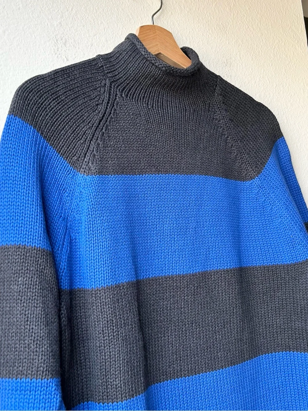 J. Crew 1988 Rollneck sweater in cotton hoop stripe Hthr Black Regal Blue Sz M
